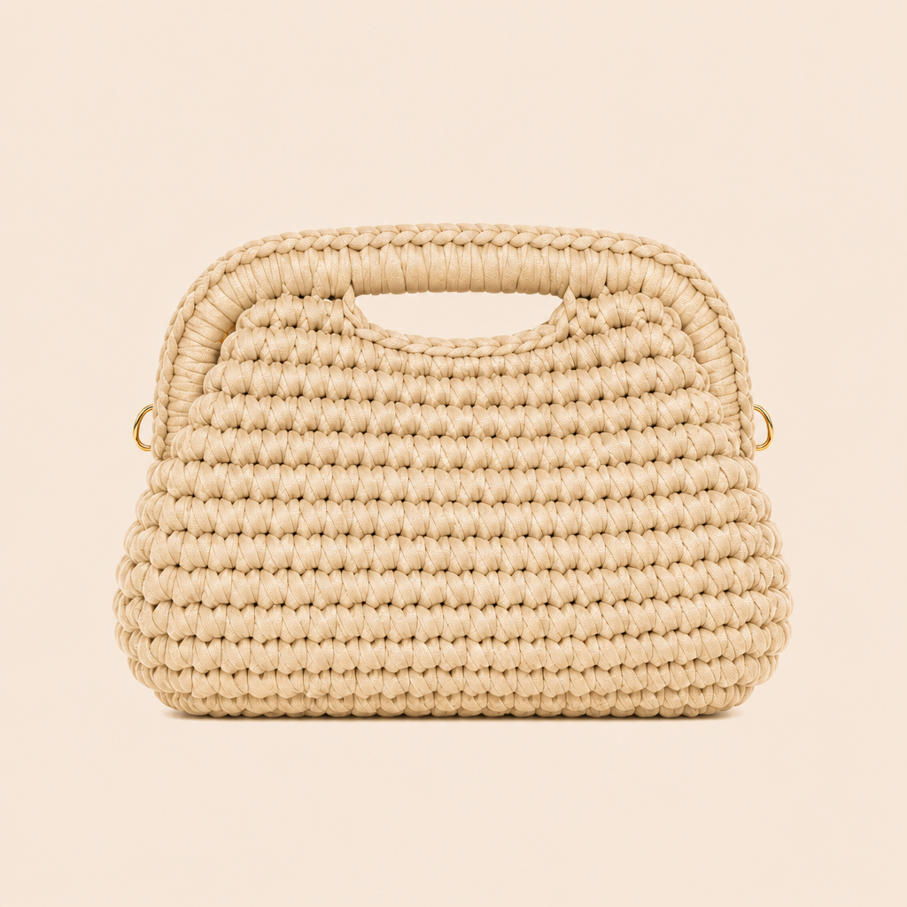 Borsa clutch intrecciata beige naturale su sfondo pieno beige