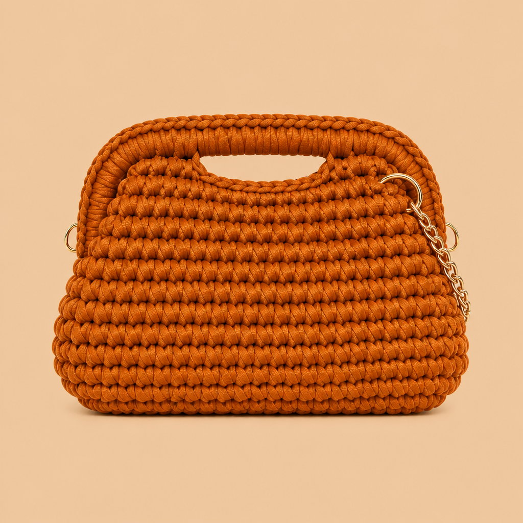 Borsa clutch intrecciata caramello su sfondo pieno caramello