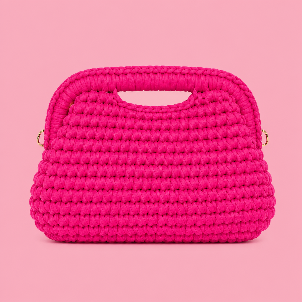 Borsa clutch intrecciata fucsia su sfondo pieno rosa
