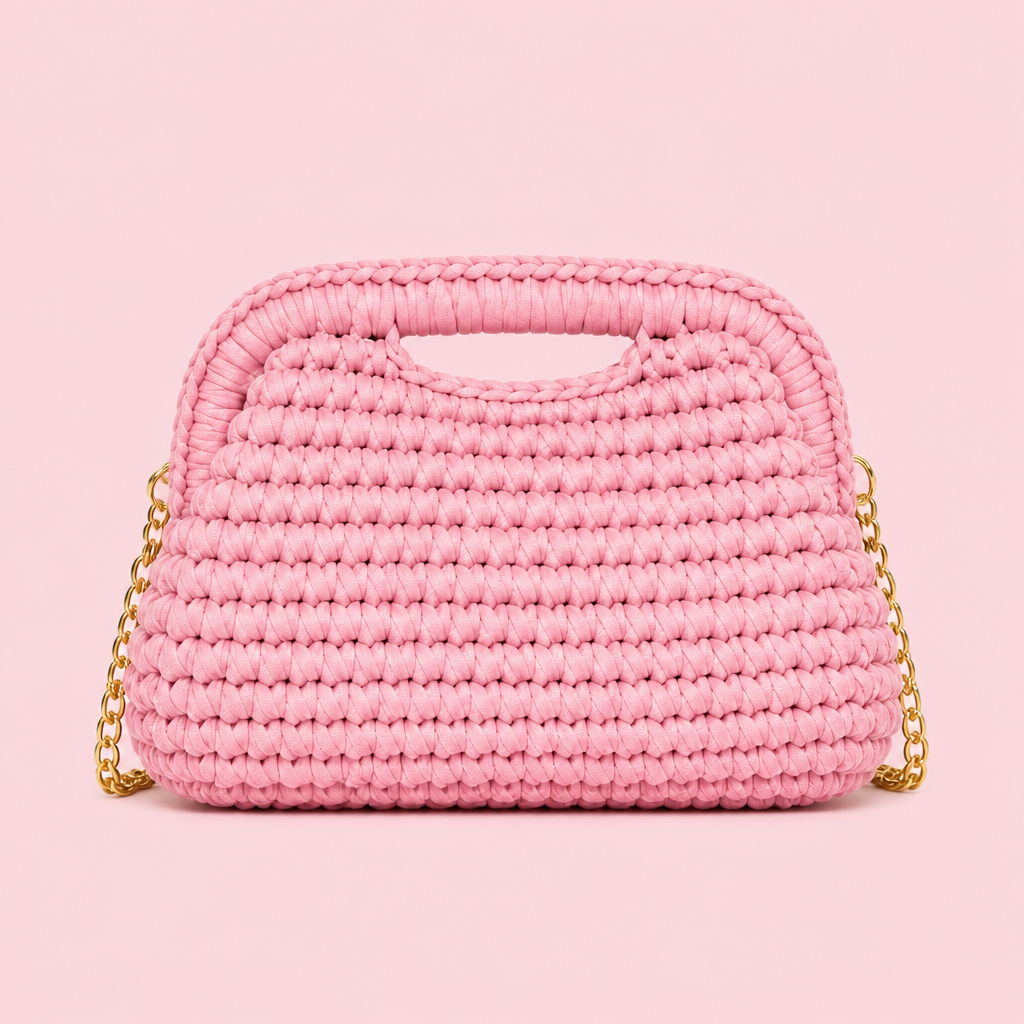 Borsa clutch intrecciata rosa su sfondo pieno rosa chiaro