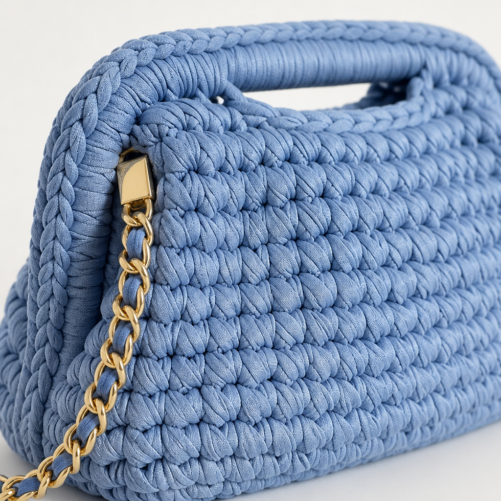 Dettaglio texture crochet e catena dorata clutch azzurro