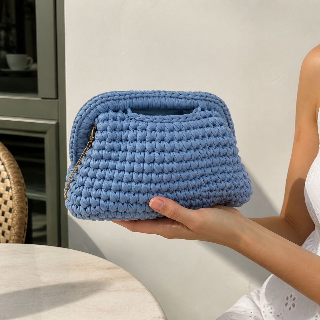 Clutch intrecciata azzurro in scatto real life stile iPhone