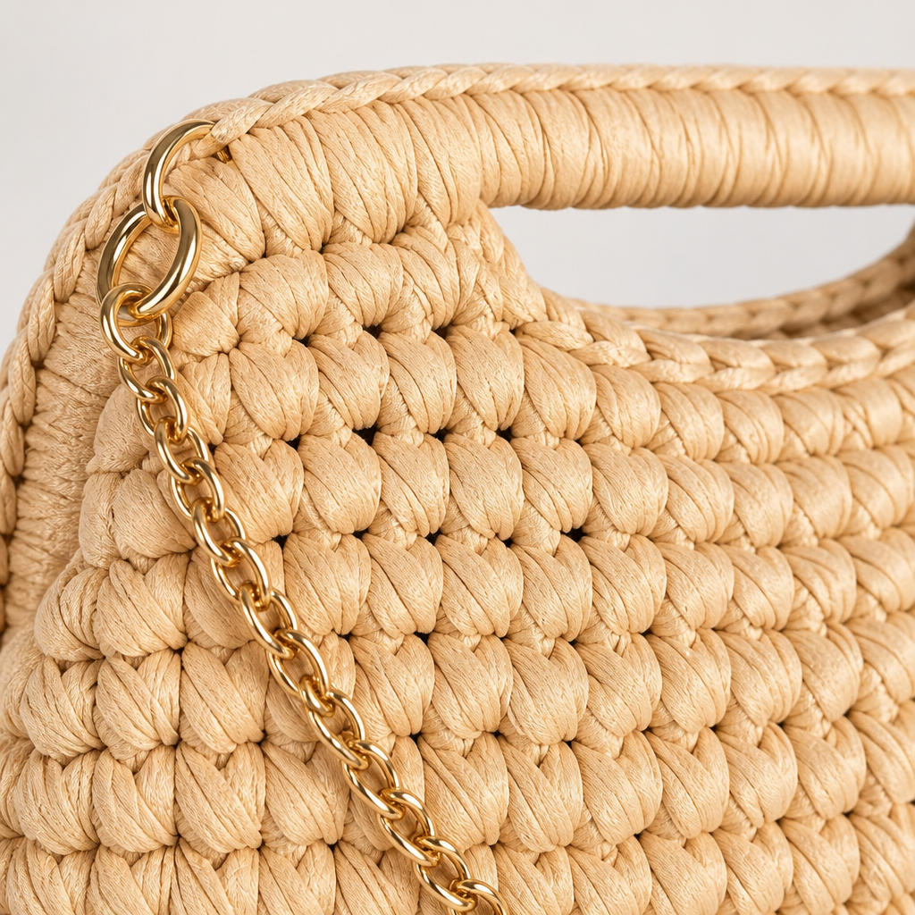 Dettaglio texture crochet e catena dorata clutch beige naturale