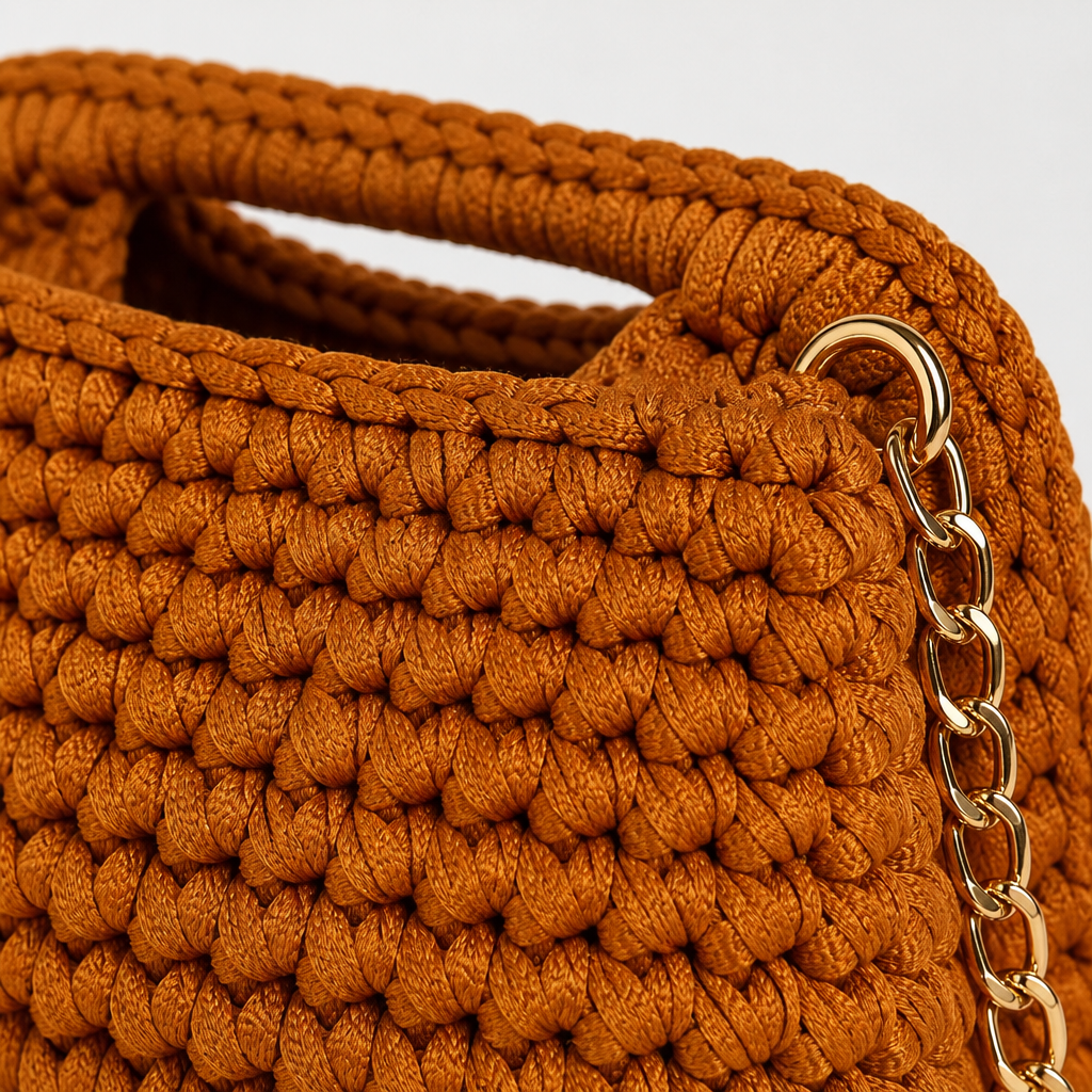 Dettaglio texture crochet e catena dorata clutch caramello