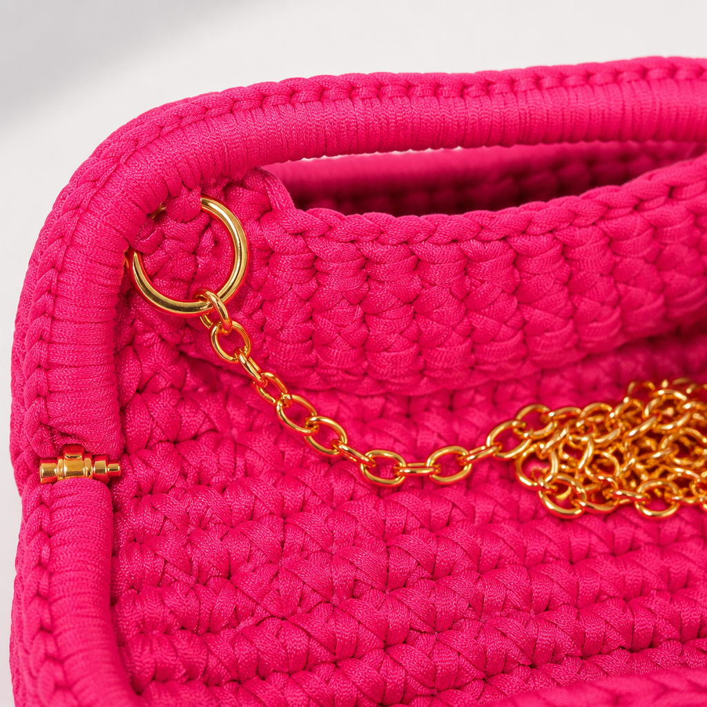 Dettaglio texture crochet e catena dorata clutch fucsia
