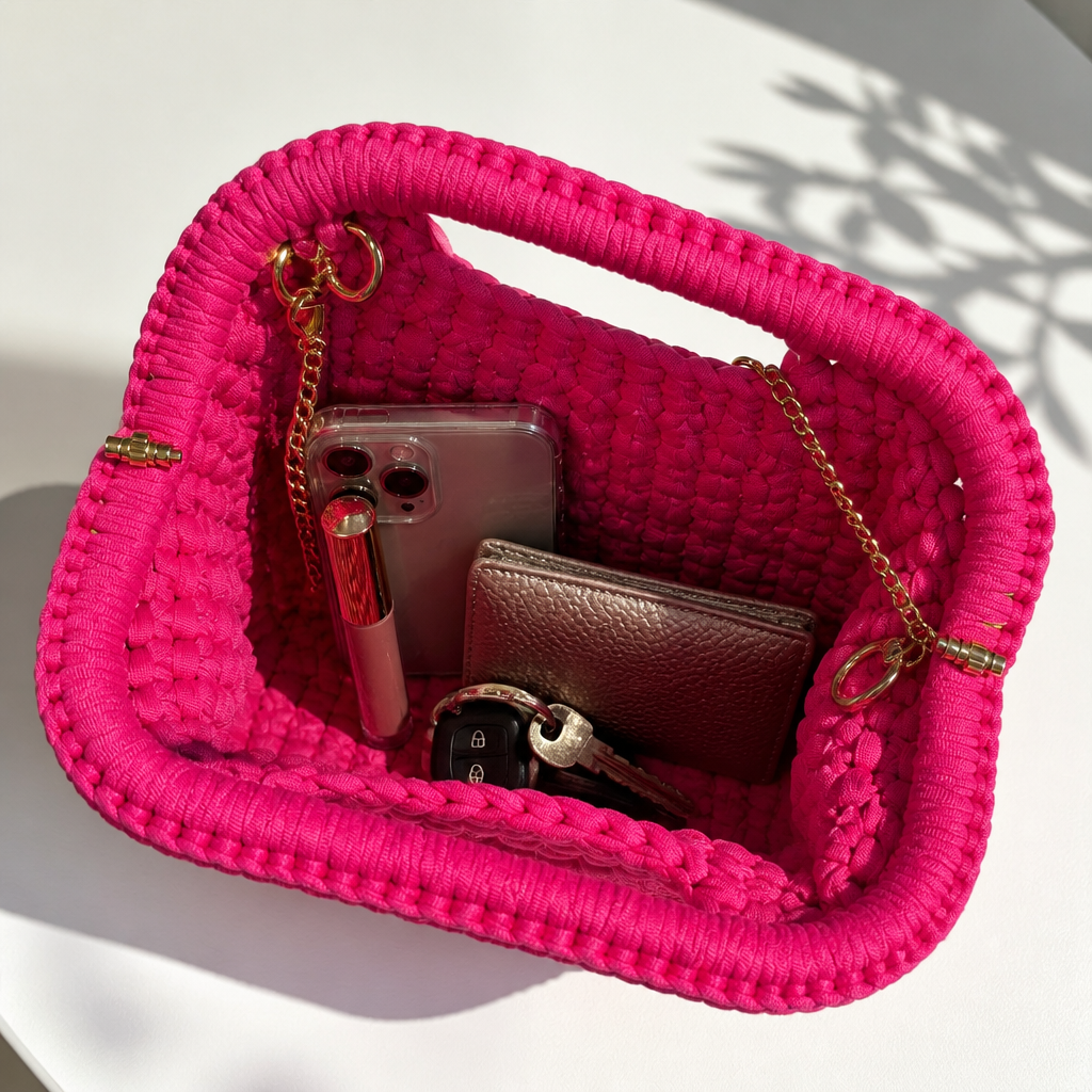 Interno clutch intrecciata fucsia con catena e accessori essenziali