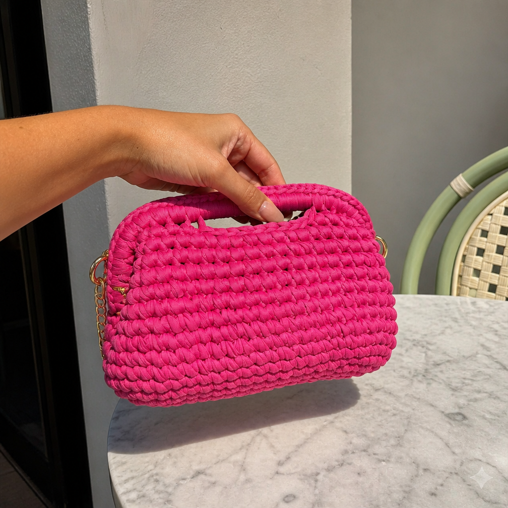 Clutch intrecciata fucsia in scatto real life stile iPhone