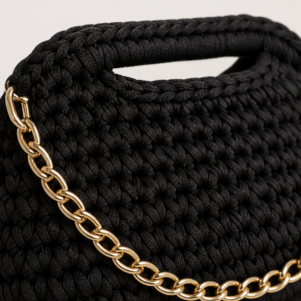 Dettaglio texture crochet e catena dorata clutch nero