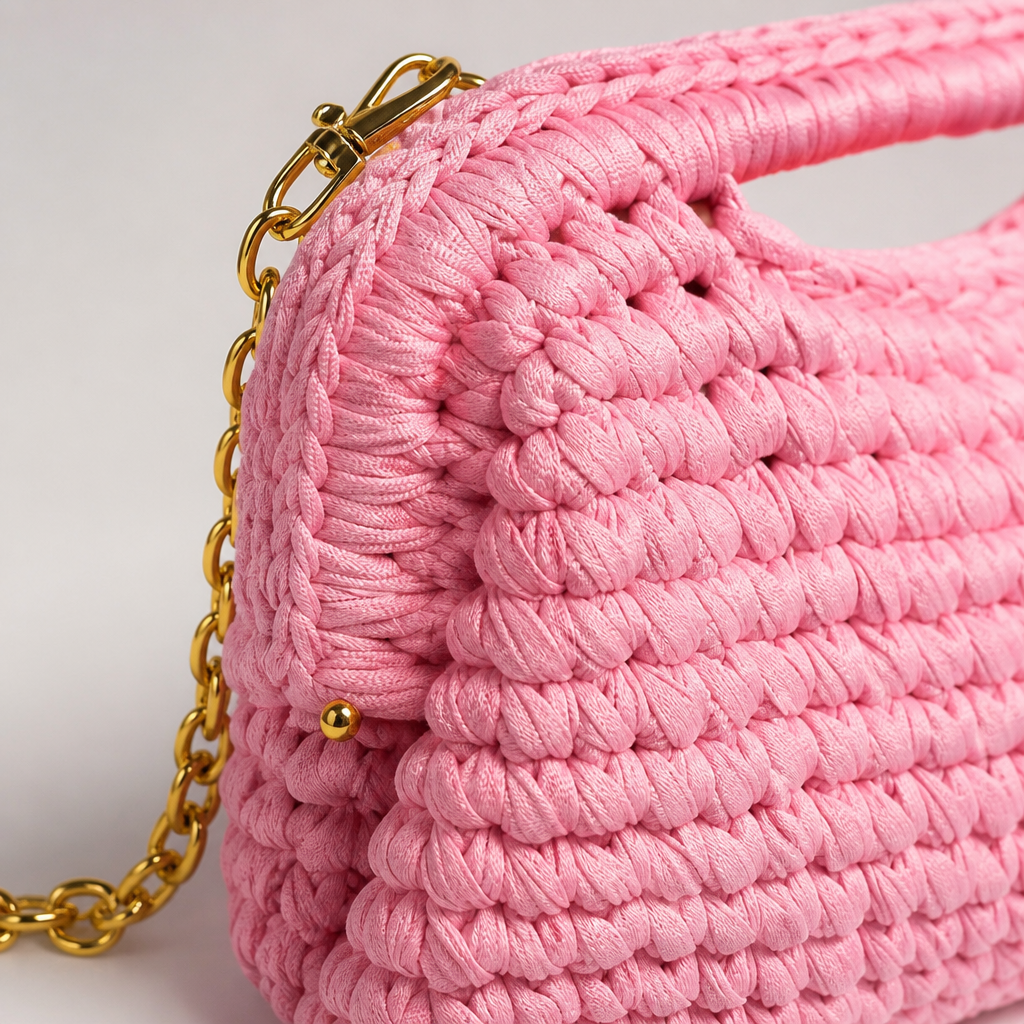 Dettaglio texture crochet e catena dorata clutch rosa