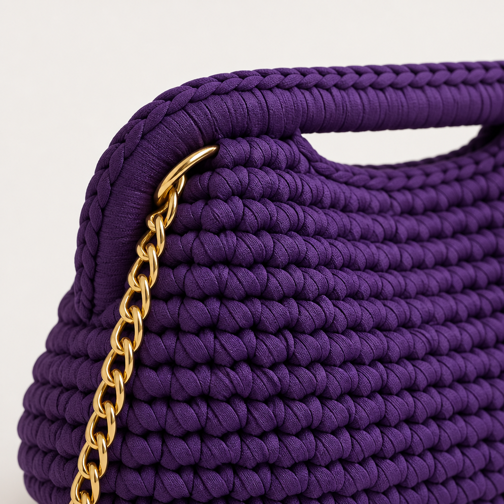 Dettaglio texture crochet e catena dorata clutch viola